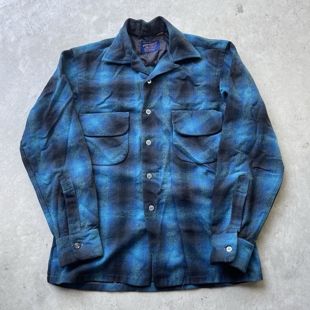 Vintage Shadow Plaid Shirt Mens Small Blue Loop Collar Wool National 60s